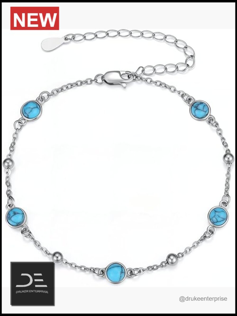 925 Sterling Silver Natural Turquoise Anklet Bracelet - Summer Beach Jewelry